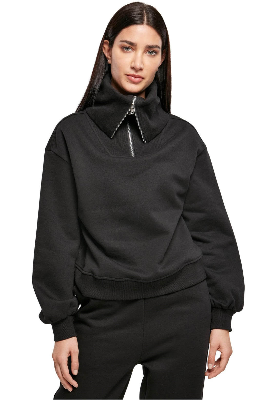 Urban Classics Damen Ladies Oversized High Neck Troyer Crew Sweatshirt XS Schwarz, XS Schwarz