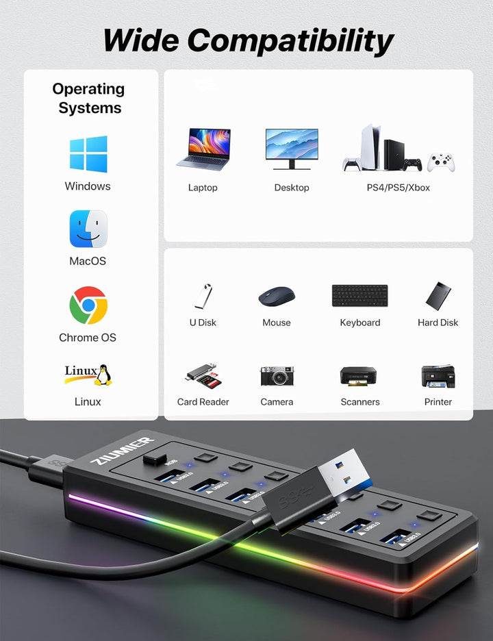 USB-Hub mit 7 Anschlüssen, USB 3.0-Hub mit RGB-LED-Streifen individuelle LED-EIN/Aus-Schalter für La