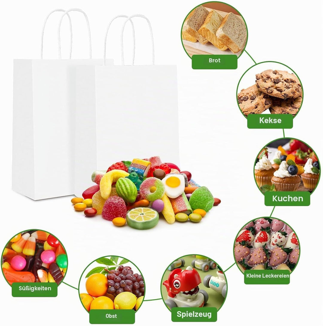Gucass 50 Stück Klein Papiertüten mit Henkel, Weiss Kraft Papiertaschen Geschenktüten, 15x8x21cm Pap