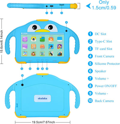 Kids Tablet, 7 Zoll Kinder Tablet WiFi Android 10.0, okulaku Kindertablets mit kindgerechte Hülle, H