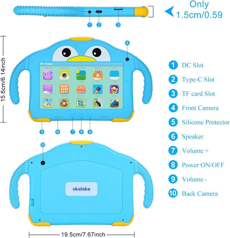 Kids Tablet, 7 Zoll Kinder Tablet WiFi Android 10.0, okulaku Kindertablets mit kindgerechte Hülle, H