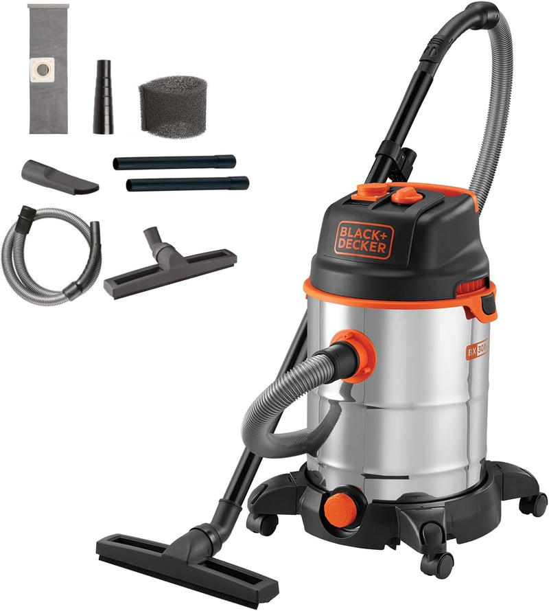 BLACK+DECKER Nass und Trockensauger BXVC30XTDE mit Integrierte Steckdose für Elektrowerkzeug (1600 W