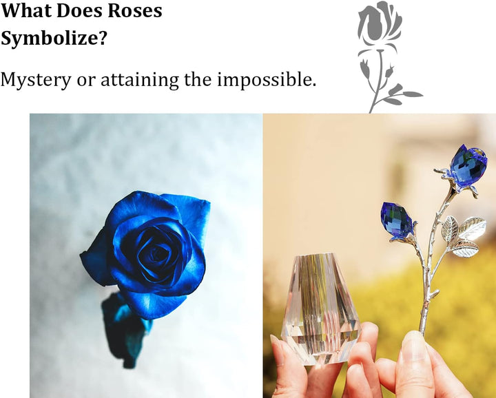H&amp;D Zwei kristallblaue Rosen,Kristall Rosen Figuren mit silberner Stange,Für Immer Kristallrose Brie