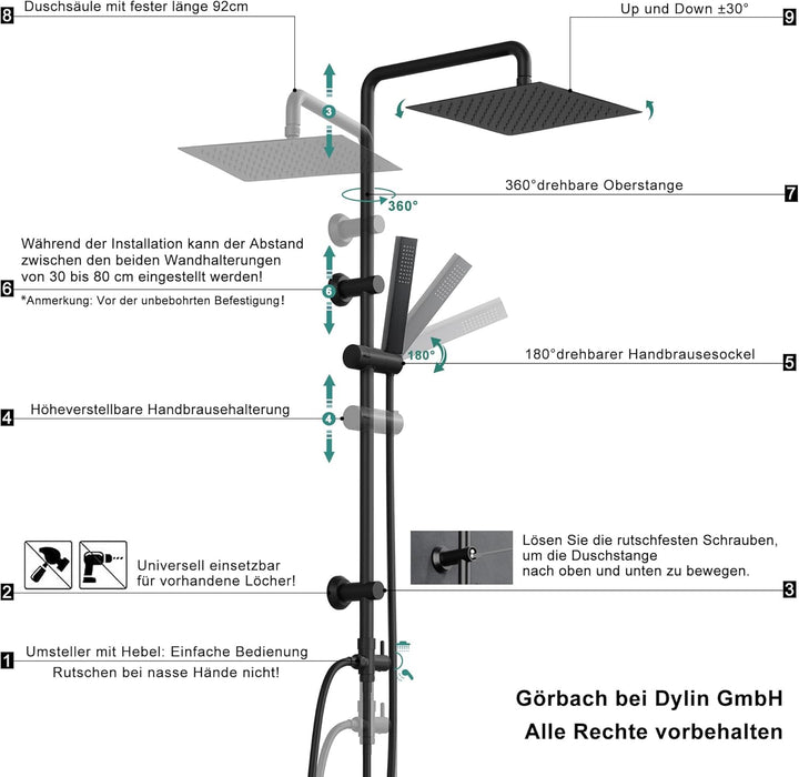 Görbach Regendusche Duschsystem ohne Armatur, Edelstahl Duschset mit 92cm Duschstange, Eckig Überkop
