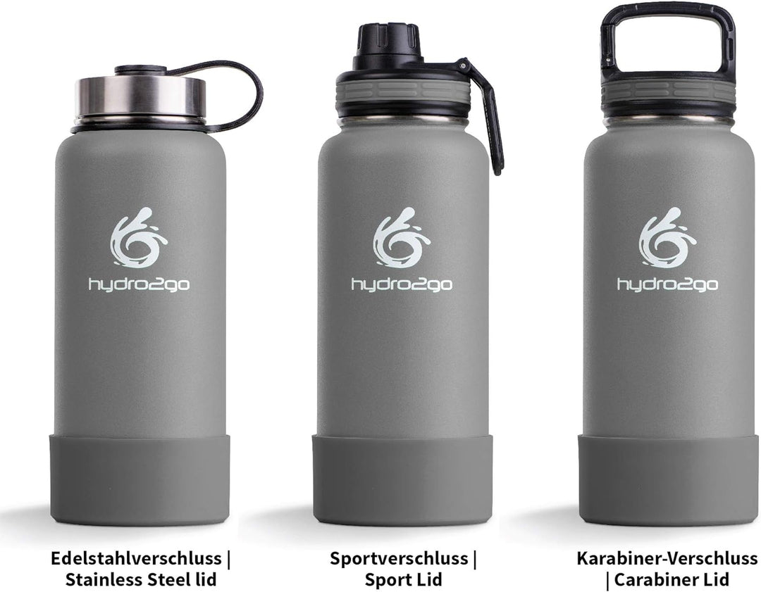 hydro2go ® Edelstahl Trinkflasche X-AlpsBottle - 1000ml / 1l | vakuumisolierte Thermosflasche + 3 Tr