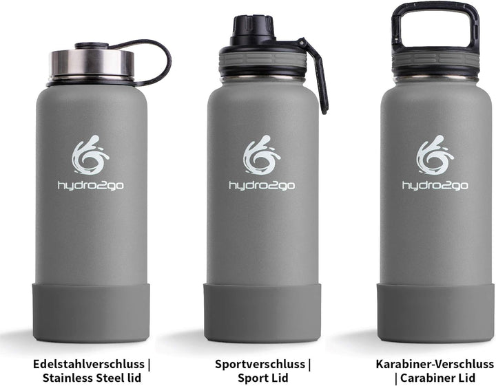 hydro2go ® Edelstahl Trinkflasche X-AlpsBottle - 1000ml / 1l | vakuumisolierte Thermosflasche + 3 Tr