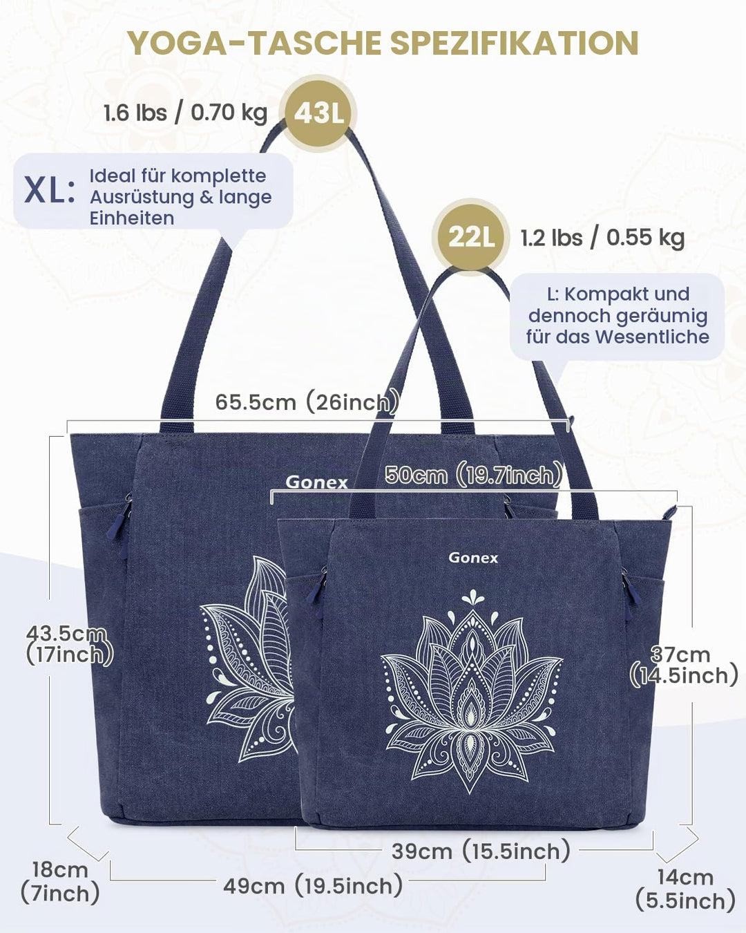 Gonex Yogatasche, Grosse Pilates Tragetasche mit Mehreren Taschen für Damen Herren, Robuste Canvas T