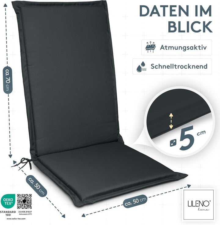LILENO HOME Gartenstuhl Auflagen [2er Set - Hochlehner] in Anthrazit - Bequeme Liegen als Sitzauflag