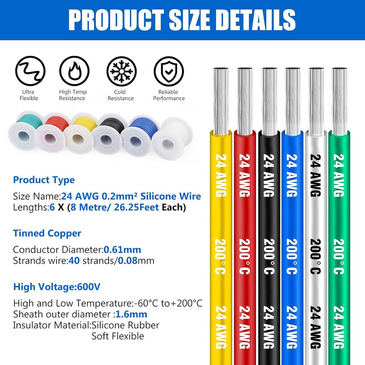 Elektrokabel, Silikonkabel - 24 AWG 0,2mm² Silikon Elektrischer Draht Kabel(6 Farbe, Spule 8 Meter E