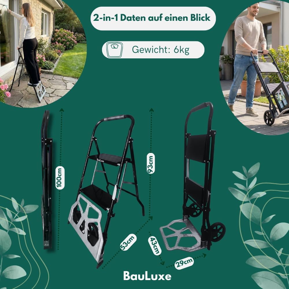 Trittleiter, Klappbar & Sackkarre 2-in-1 als 2&3 Stufen Aluminium-Klappleiter, schwarz/Silber, mit T