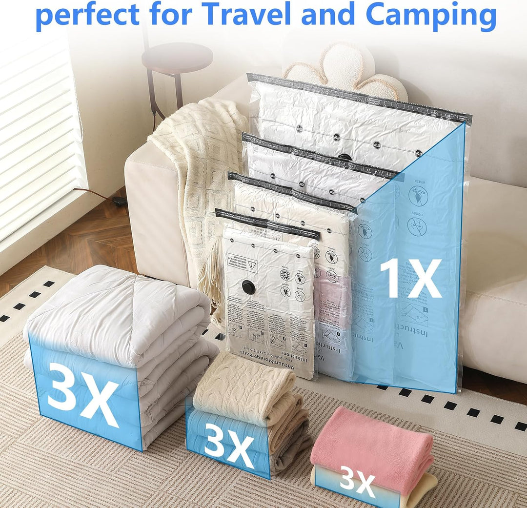 Vakuumbeutel für Kleidung mit Elektropumpe, 10 Stück Vacuum Bags (2x 100x80cm, 2x 80x60cm, 3x 70x50c
