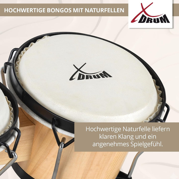 XDrum Bongos Club Set - 6" Macho und 7" Hembra - Naturfelle - professionelles Stimmsystem - Schwarz
