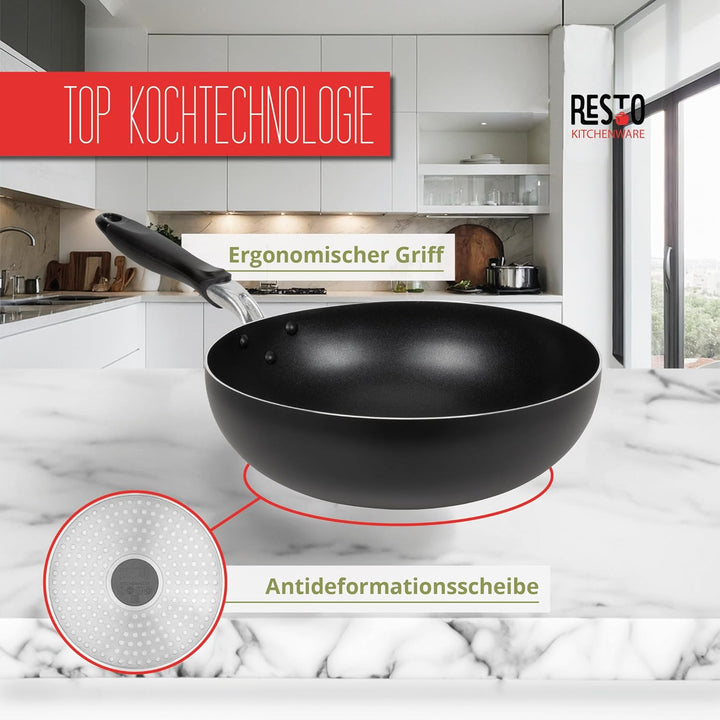 RESTO moderne Wokpfanne 30 cm, Wok, Bratpfanne mit hohem Rand - Antihaftbeschichtung – Ergonomischer