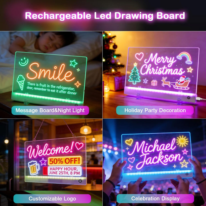 Wiederaufladbare LED Maltafel Kinder, 30x20cm LED Notiztafel mit 7 Farben & Ständer, Kreatives Zeich