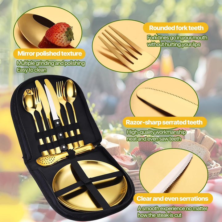 Tragbares Camping-Geschirr-Set, 13-teilig, 2 Personen, Edelstahl, für Outdoor, Camping, Picknick Gol