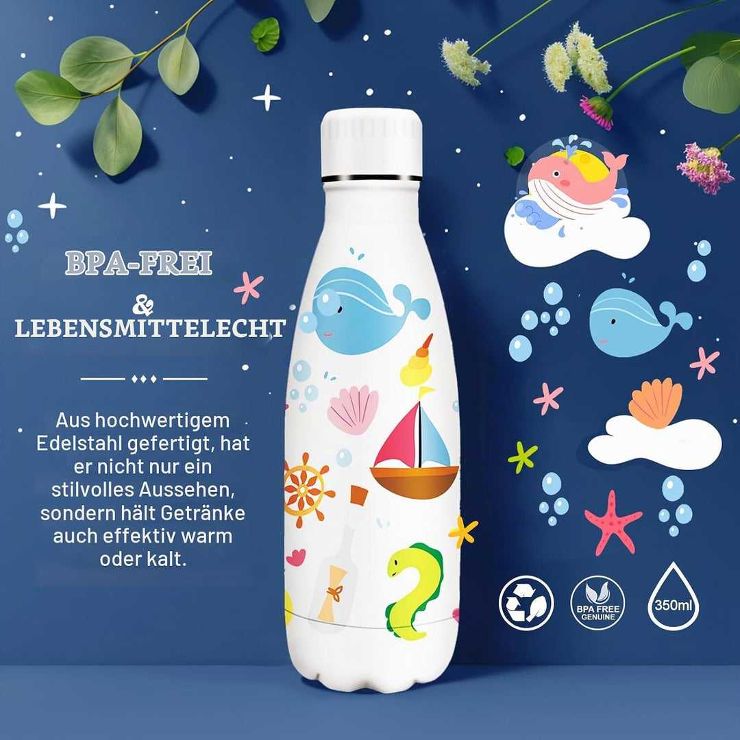 HoneyHolly Trinkflasche Edelstahl, Thermosflasche 350ml, BPA-frei Auslaufsichere Vakuum Isolierte, T