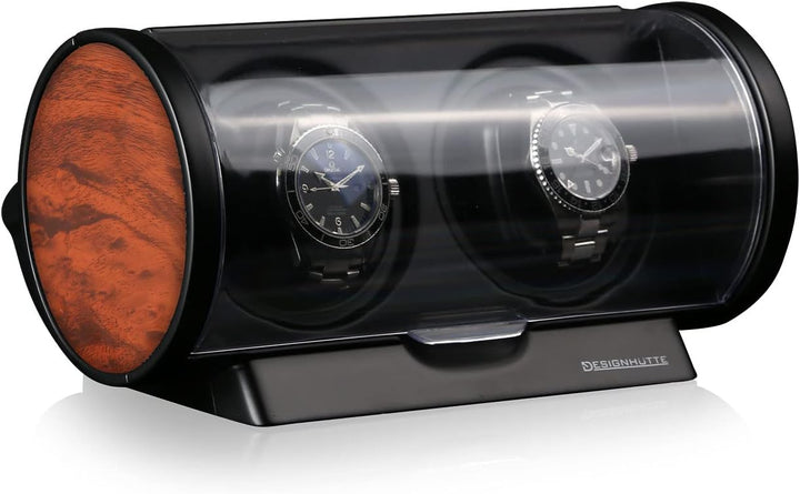 DESIGNHÜTTE® Uhrenbeweger Tubix Schwarz/Wurzelholz für 2 Automatikuhren