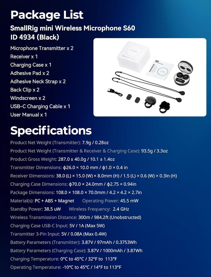 SMALLRIG S60 Kabellos Lavalier Mikrofon mit USB C für iPhone, Android, Mini-Mikrofon mit 44H Akkulau