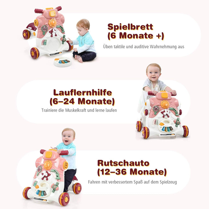 COSTWAY 3 in 1 Lauflernwagen mit Lichtern und Musik, Lauflernhilfe & Rutschauto & Spielbrett, Baby W