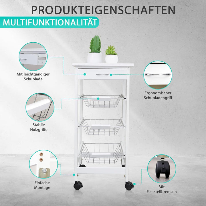 DRULINE Servierwagen Beistellwagen 37x37x76 cm, Multifunktionaler Küchentrolley mit 3 Ebenen, Mobile