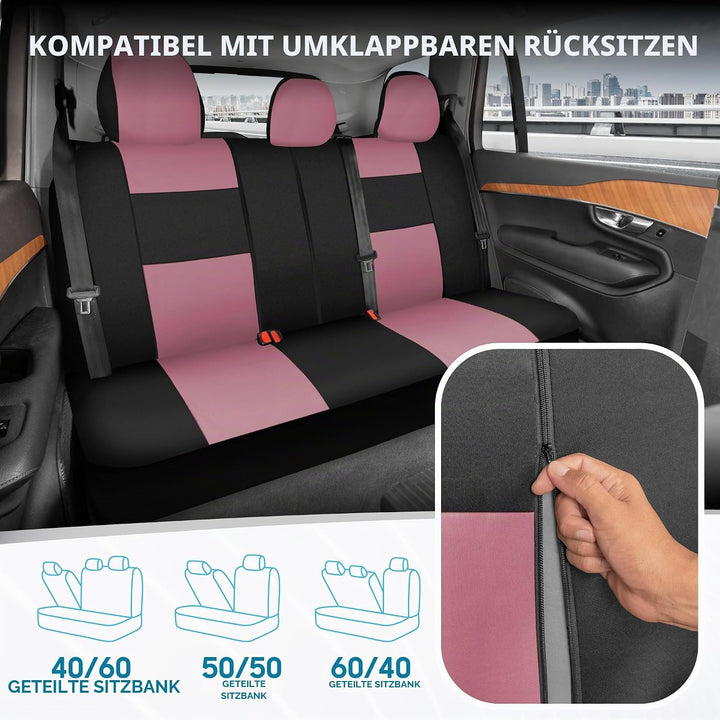 BDK PolyPro Autositzbezüge Komplettset in Rosa auf Schwarz - Vordere und hintere Geteilte Sitzbank f