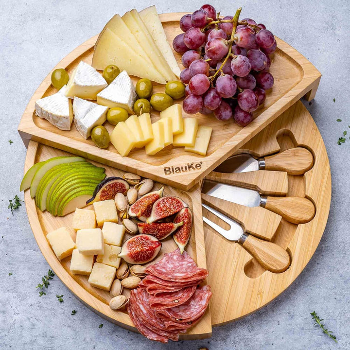 Bambus Käsebrett mit Käsemesser Set – 37cm Rund Servierplatte aus Holz für Käse und Häppchen – Drehp