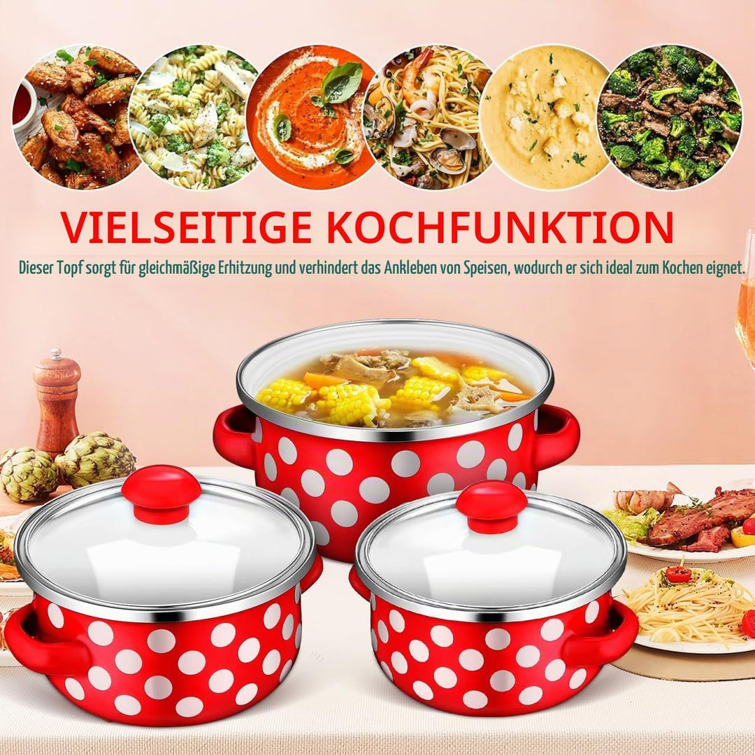 VALICLUD Emaille Kochtopf Set Mini 3-Teilig Mit Deckel Kleine Suppentöpfe Für Alle Herdarten Emaille