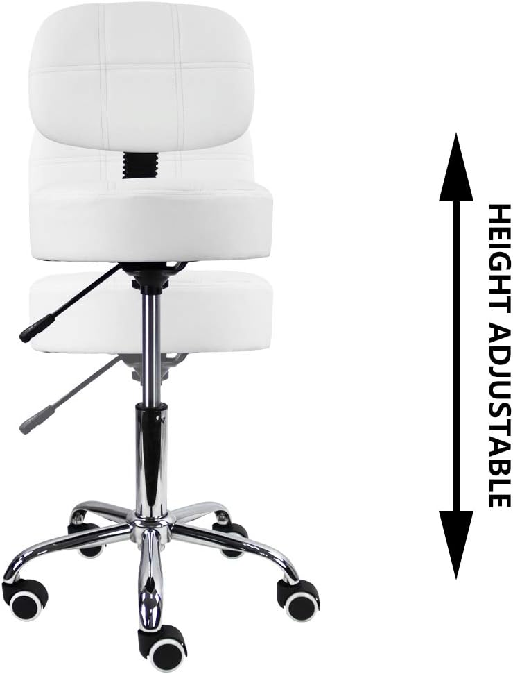 KKTONER Rollhocker Arbeitshocker mit Rückenlehne Höhenverstellbarer 50-64cm PU Leder Weiss, Weiss