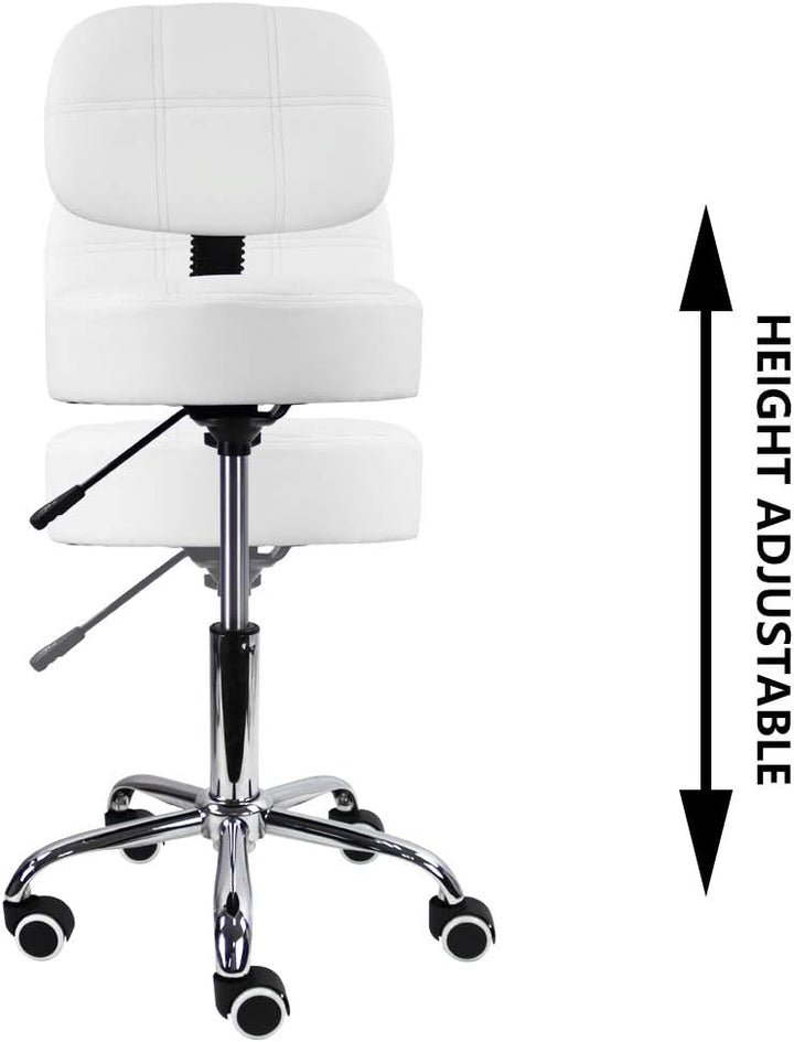 KKTONER Rollhocker Arbeitshocker mit Rückenlehne Höhenverstellbarer 50-64cm PU Leder Weiss, Weiss