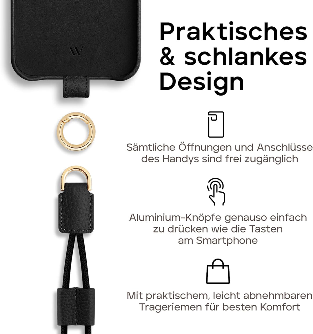 WIIUKA Hülle für iPhone 14, Leder aus Deutschland, Lederhülle Handykette, Premium Handyhülle, Case,