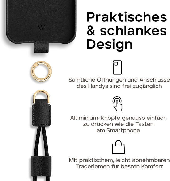 WIIUKA Hülle für iPhone 14, Leder aus Deutschland, Lederhülle Handykette, Premium Handyhülle, Case,