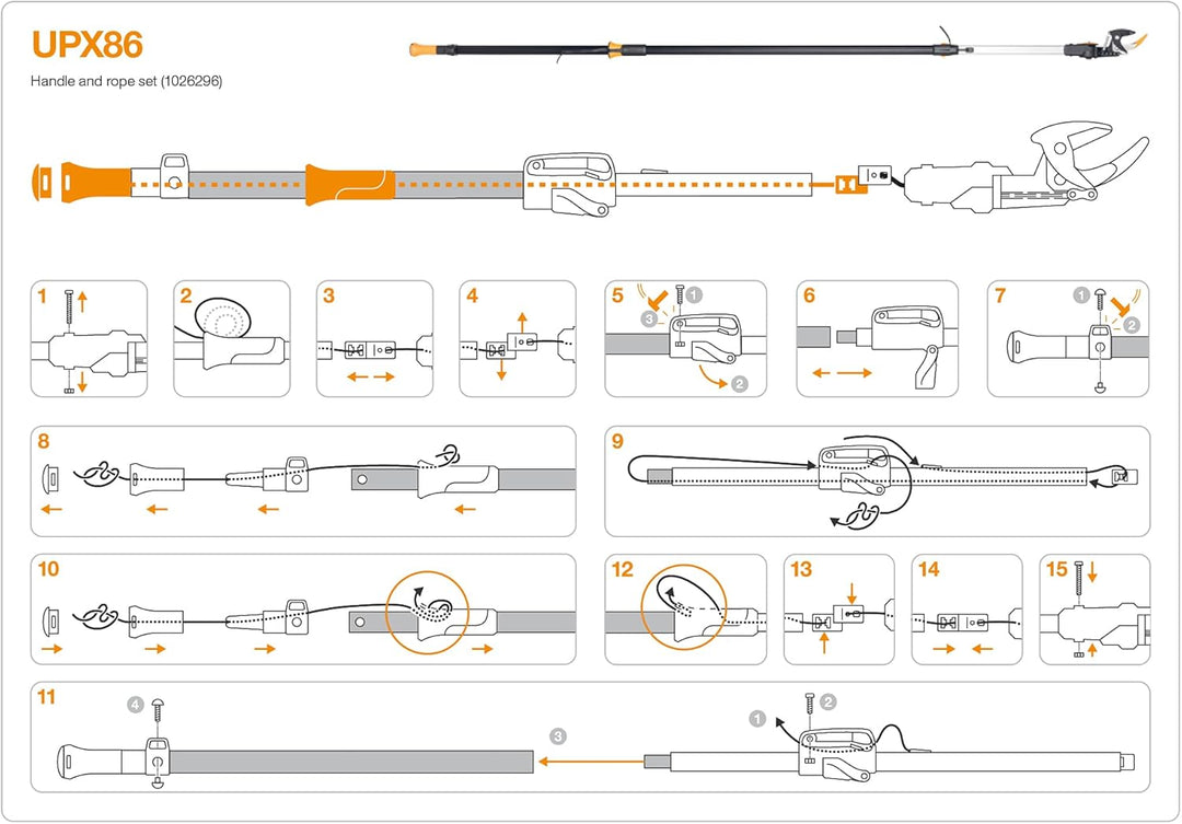Original Ersatz-Griff und Seil für Fiskars Bypass Teleskop-Schneidgiraffe UPX86, Schwarz/Orange, 102