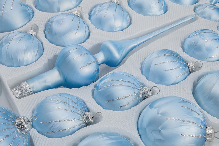 39 TLG. Glas-Weihnachtskugeln Set in Ice Blau Silber Regen- Christbaumkugeln - Weihnachtsschmuck-Chr