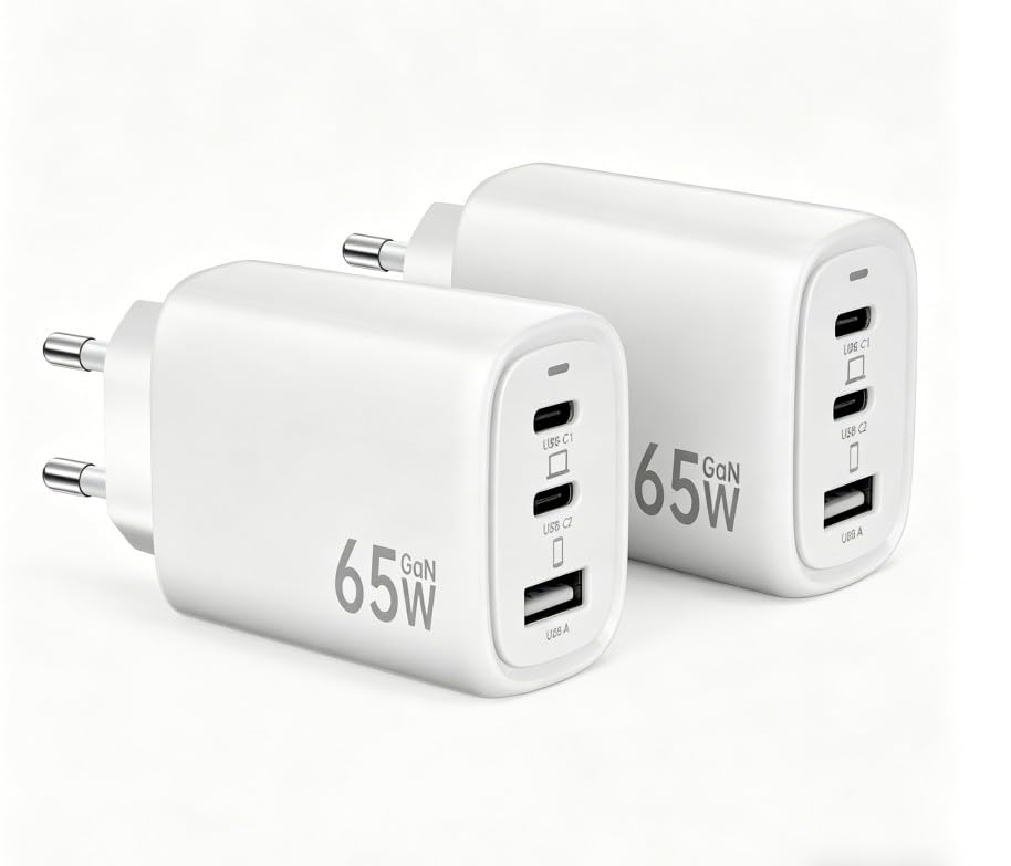 USB C Ladegerät,2Pack 65W 3 Ports Schnellladegerät, USB C Charger Adapter 2 PACK-Weiss, 2 PACK-Weiss