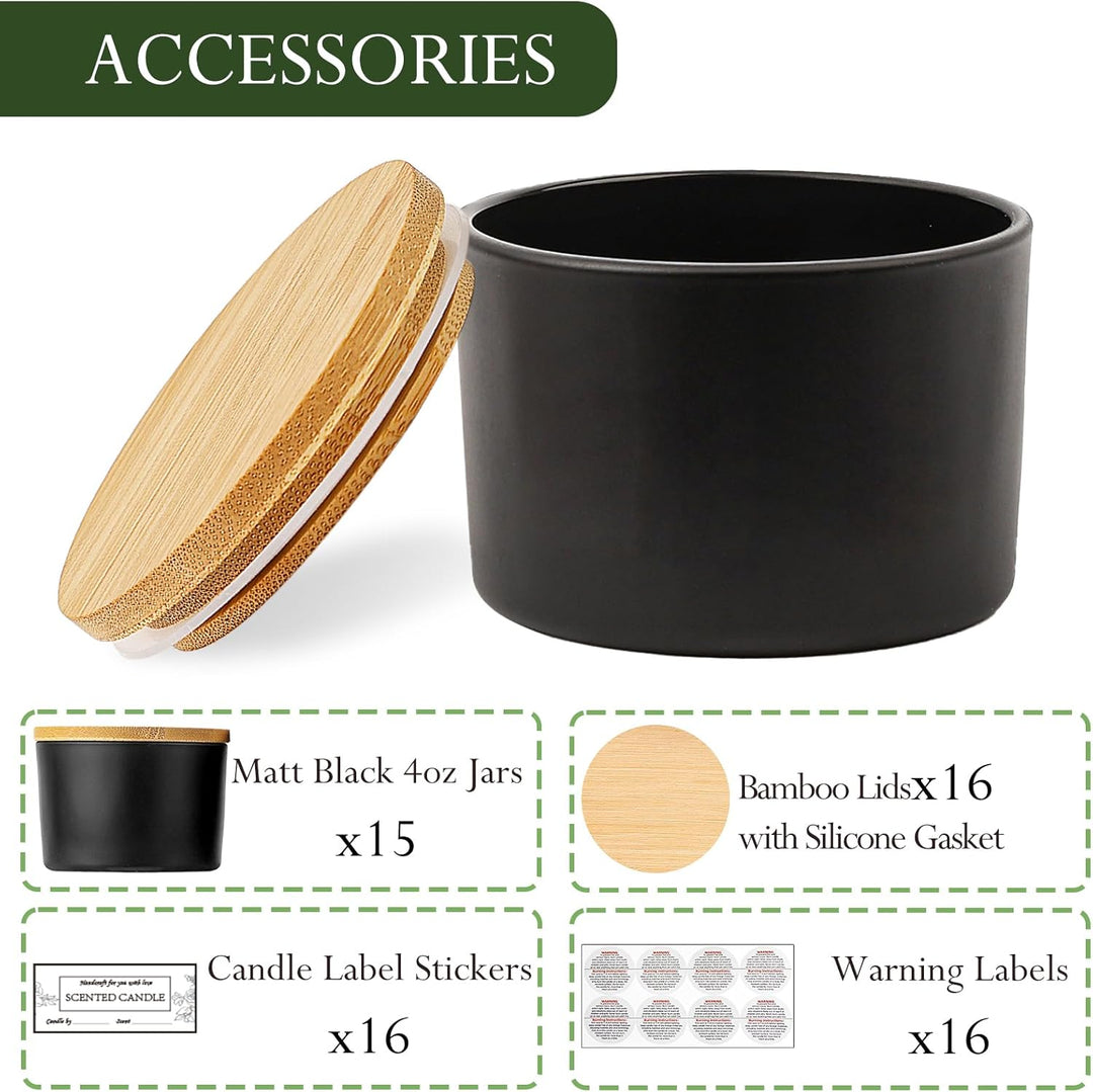 CONNOO 15 Stück 120ml Mattschwarze Glas-Kerzengläser mit luftdichten Bambusdeckeln zum Kerzenmachen,