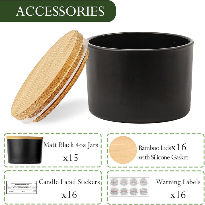 CONNOO 15 Stück 120ml Mattschwarze Glas-Kerzengläser mit luftdichten Bambusdeckeln zum Kerzenmachen,