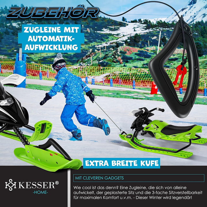 KESSER® Lenkschlitten mit 2 Fussbremsen | Automatisches Zugseil | Federung | Kufenlenkung | Bob Kind