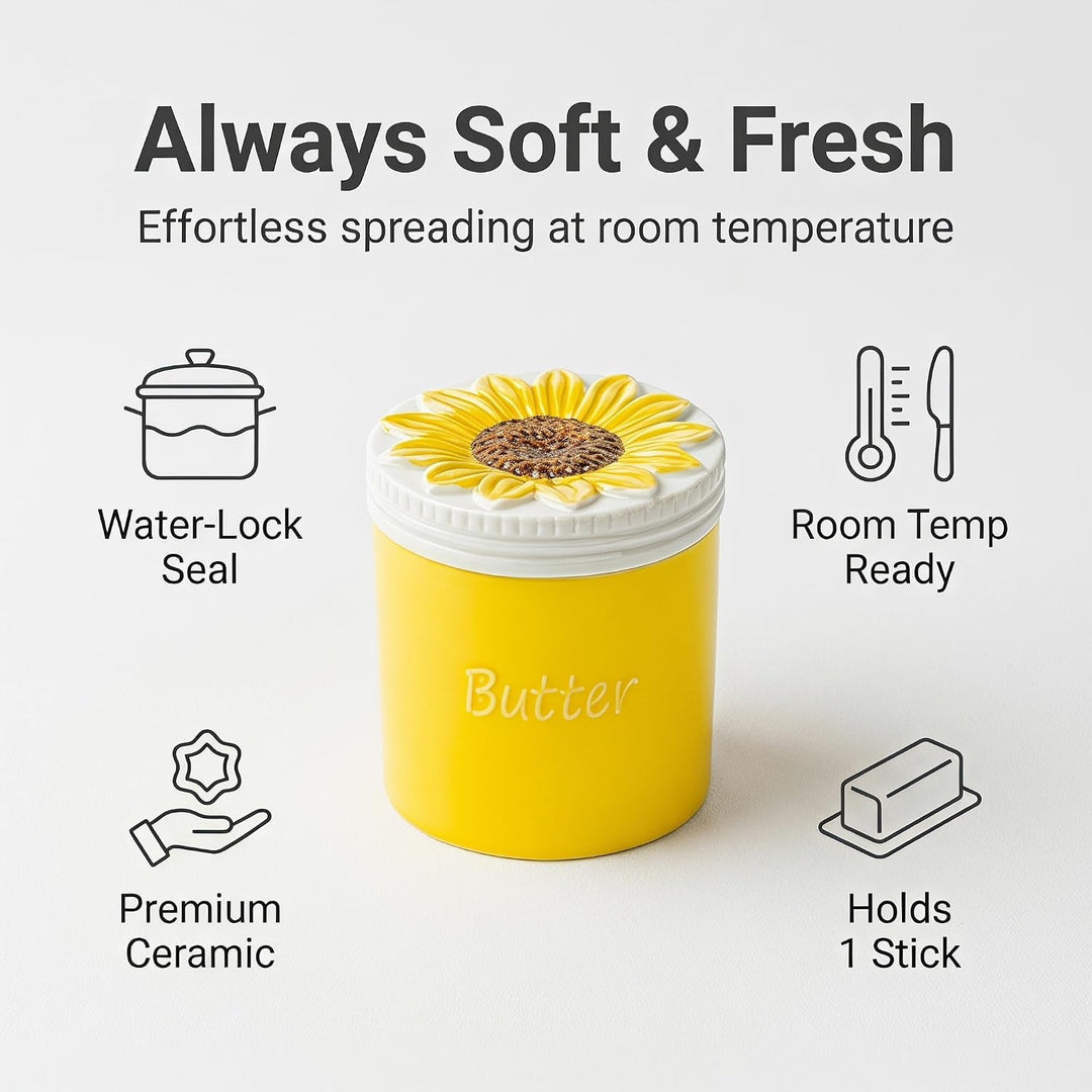 Butterdose mit Sonnenblumen-Motiv, französische Butterdose, Keramikbecher, Butterhalter mit Wasserli