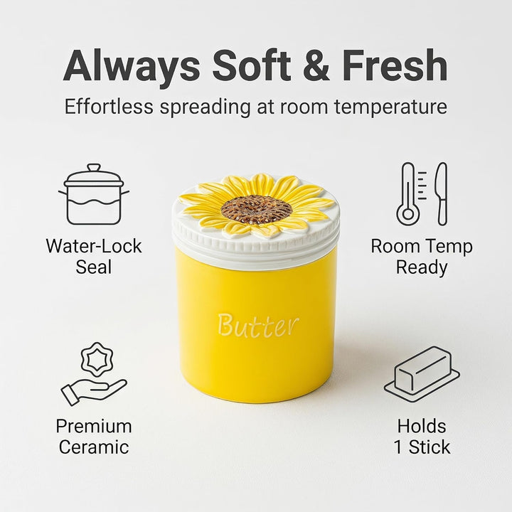Butterdose mit Sonnenblumen-Motiv, französische Butterdose, Keramikbecher, Butterhalter mit Wasserli