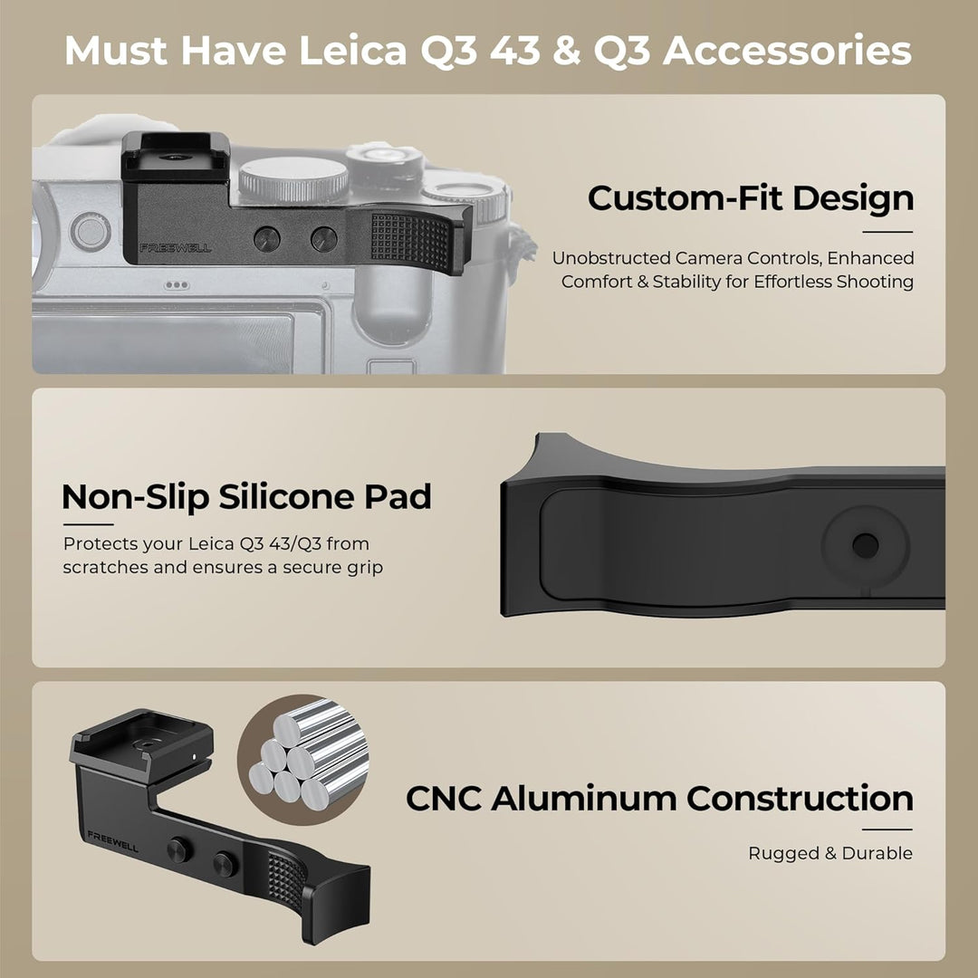 FREEWELL Daumengriff für Leica Q3 &amp; Q3 43 mit Kaltschuhhalterung, CNC Aluminium, Kratzfeste Silikonp