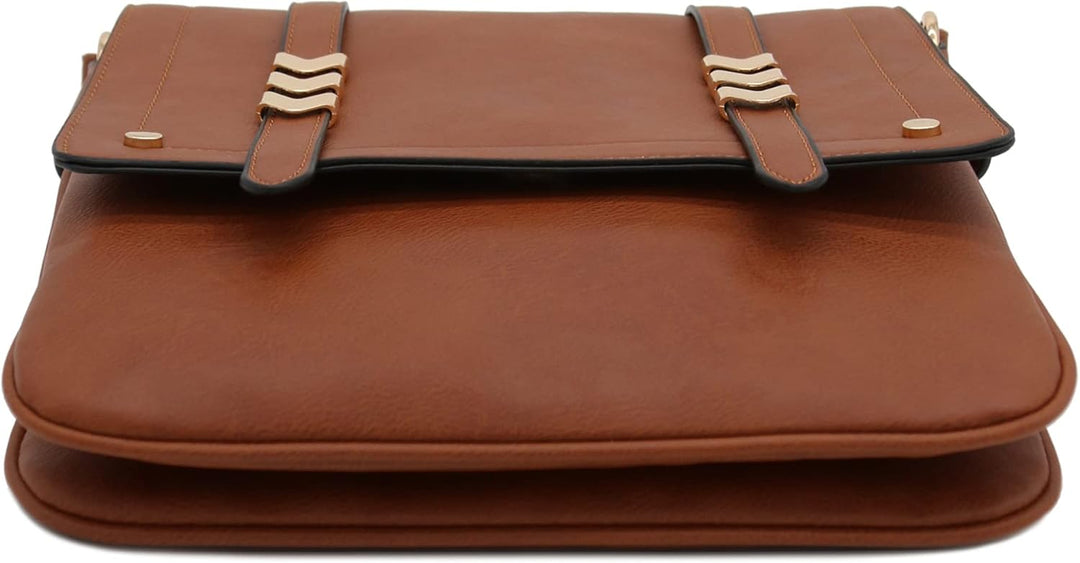 Double Compartment Large Flapover Crossbody Bag with Colorblock Straps Braun, Braun