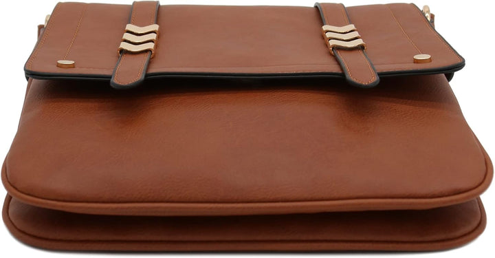 Double Compartment Large Flapover Crossbody Bag with Colorblock Straps Braun, Braun
