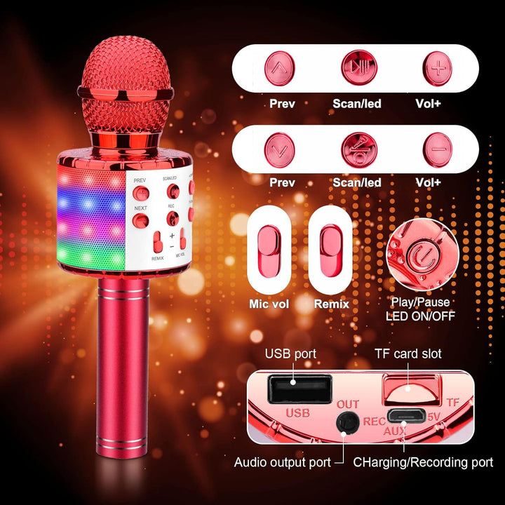 ShinePick Kabelloses Karaoke-Mikrofon, Bluetooth, tragbar, mit LED-Licht, Disco für Kinder/Erwachsen
