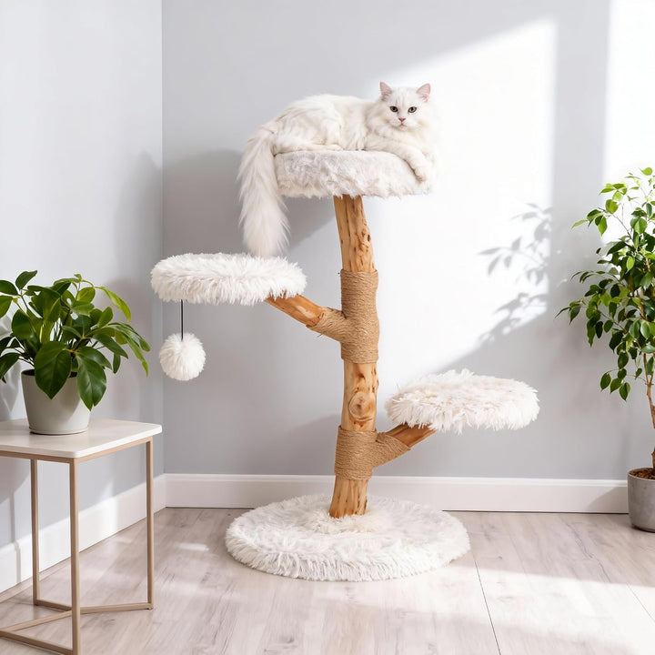 SOARS Kratzbaum Holz, 90 cm Katzenbaum mit 3 Plattformen, Kratzsäulen & Plüschball, Katzenkratzbaum