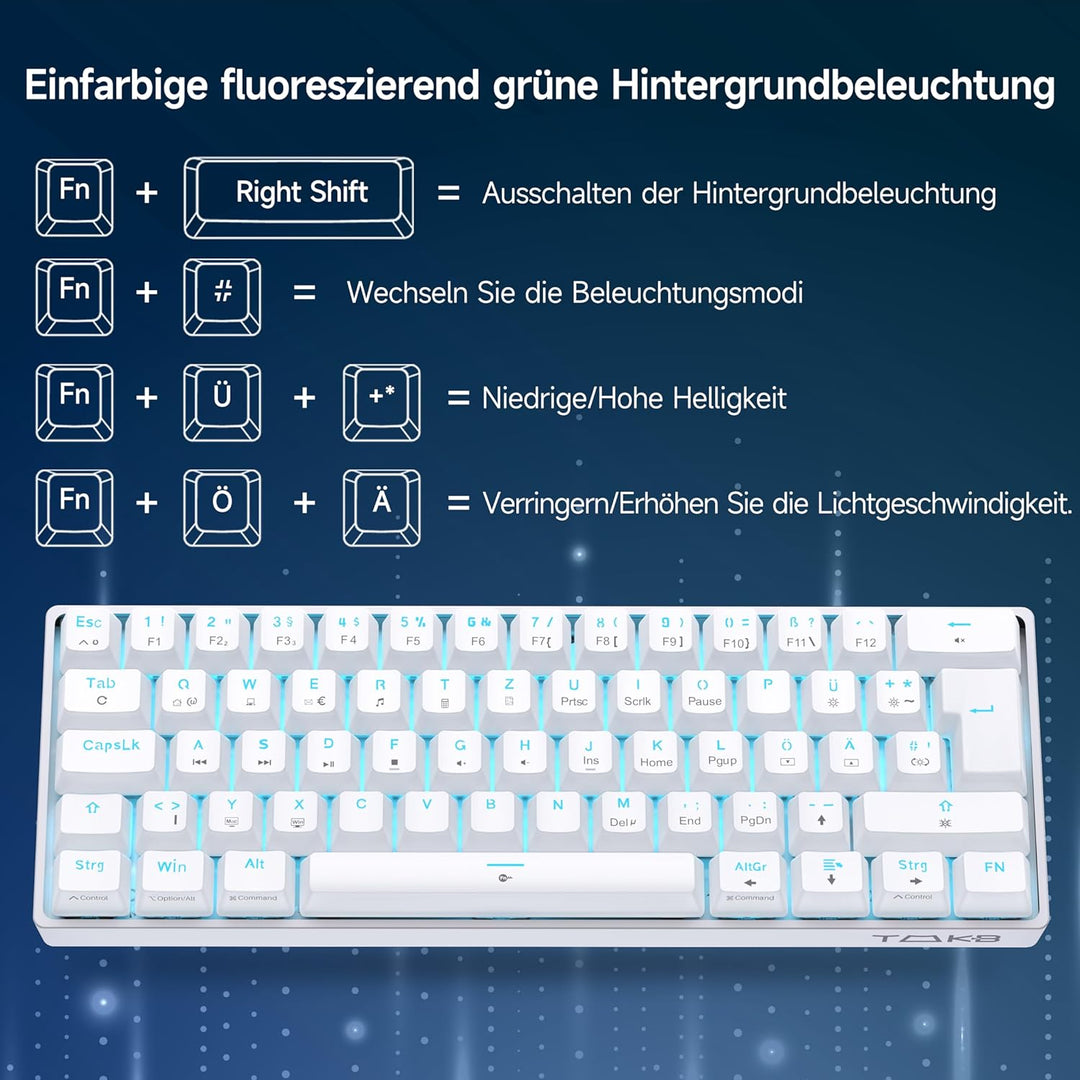 TMKB T61SE Gaming Mechanische Tastatur mit Deutsches QWERTZ Layout,Blauer Schalter,weisse QWERTZ Lay