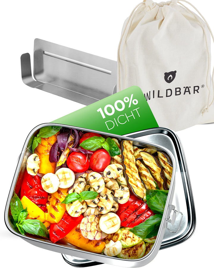 WILDBÄR – Premium Edelstahl Brotdose. BPA& plastikfreie Lunchbox mit flexibler Abtrennung ist auslau