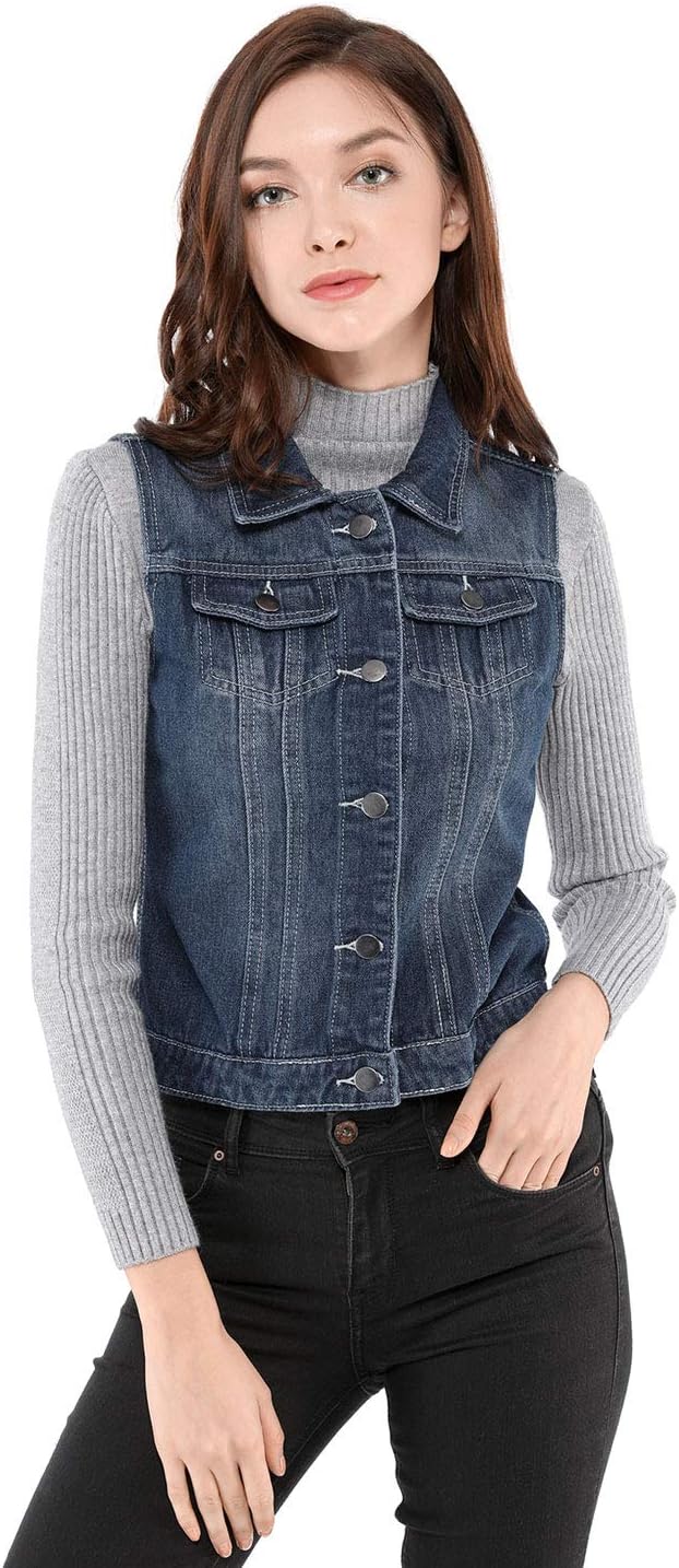 Allegra K Damen Jeansweste Ärmellos Knopfleiste Denim Rever Jacke Westen mit Taschen 3XL Blau, 3XL B
