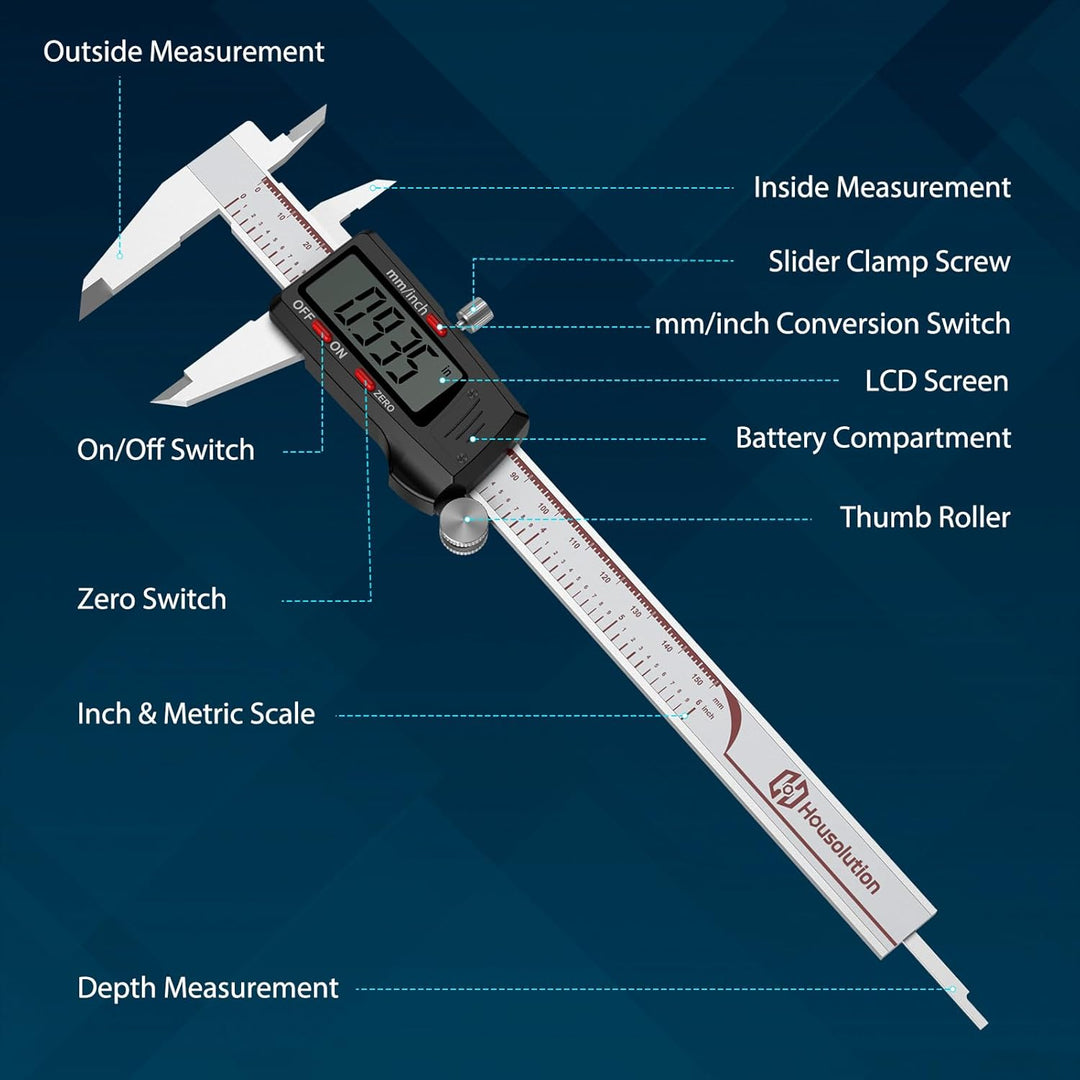 Housolution Digitaler Messschieber 6 Zoll, Messschieber mit grossem LCD-Bildschirm, Zoll/MM, 4 Messw
