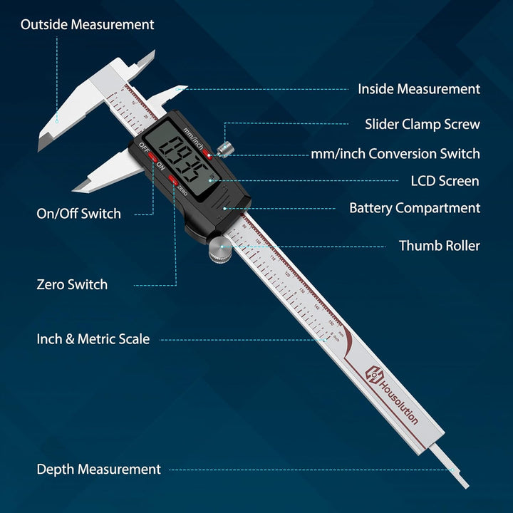 Housolution Digitaler Messschieber 6 Zoll, Messschieber mit grossem LCD-Bildschirm, Zoll/MM, 4 Messw