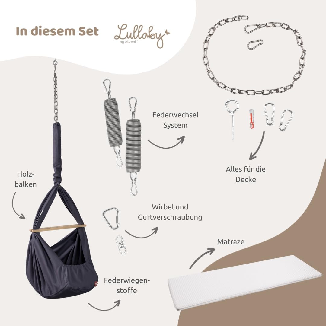 elvent® Lullaby Federwiege Set mit Matratze, Baumwolle, Made in Germany (Baby Hängewiege mit Deckenb